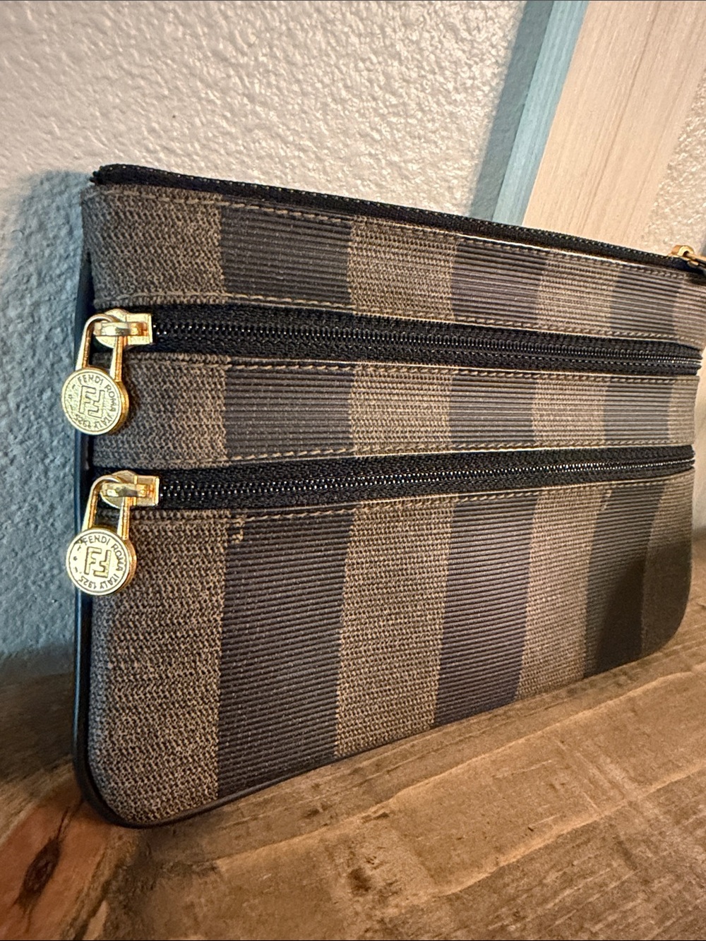 Fendi Brown and Black Striped Double-Zip Pouch